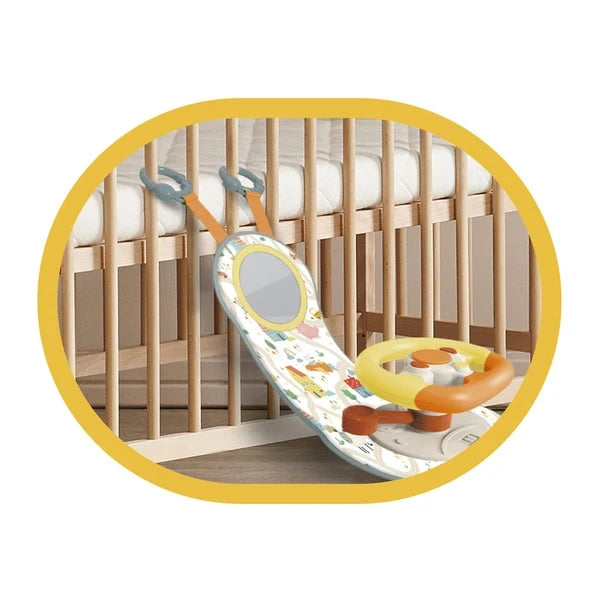 Interactive steering wheel activity toy with oval mirror and orange push-button center