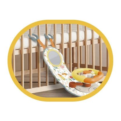 Interactive steering wheel activity toy with oval mirror and orange push-button center