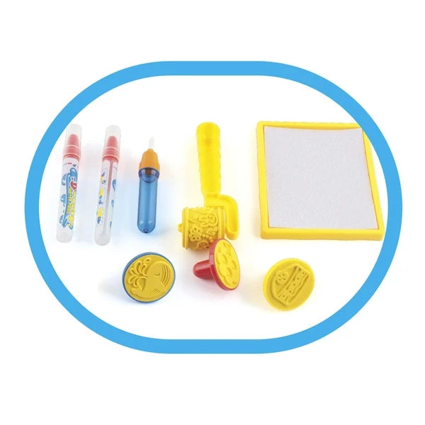 Magic water play mat accessory set: water pen, stamps, coins, and blank frame