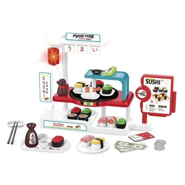 Sushi Shop with sounds toy playset with tabletop, menu signs, sushi, chopsticks, and money