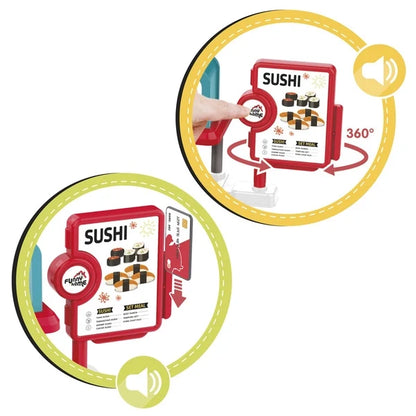 Sushi Shop with sounds toy with menu card, stamp, and arm over a sushi tray