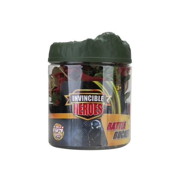 Green-lidded toy bucket with 104-piece military battle figure set