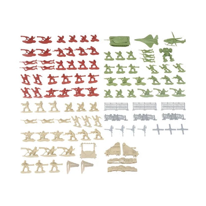 104-piece military battle toy set with red, green, and tan soldier figures