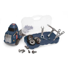 Blue toy truck with clear storage case and metal tools and screws