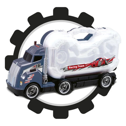 White accessory container attached to a blue toy truck with wheels