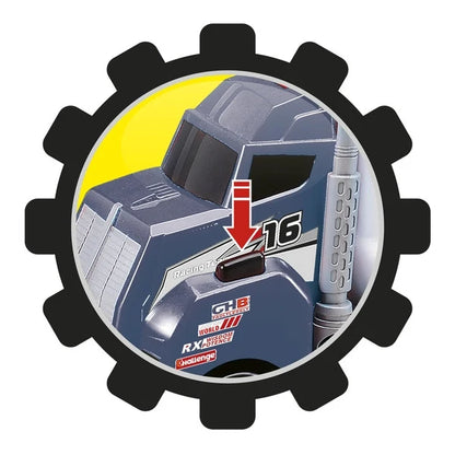 Blue toy truck with tool accessories, shown inside a gear-shaped badge