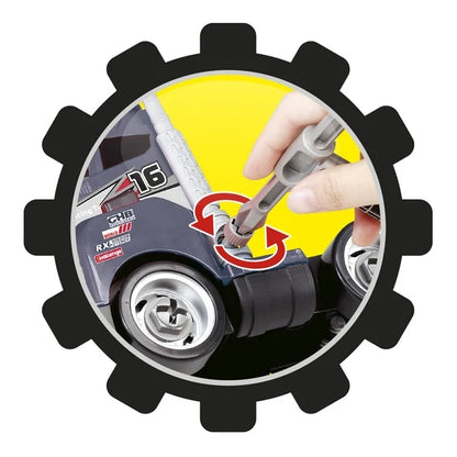 Close-up of blue toy truck wheel with hand turning tool