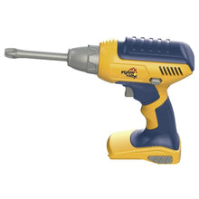 Yellow and blue toy drill with extended gray bit and pistol-grip handle