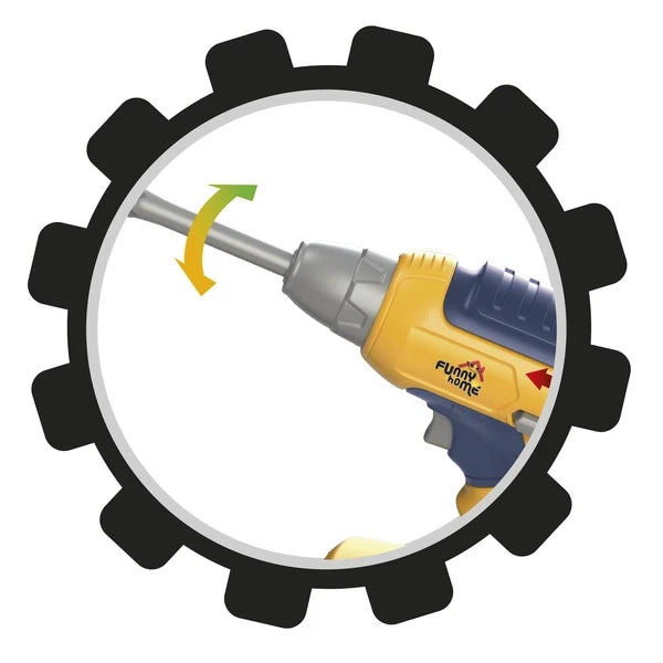 Toy interactive drill with yellow and blue body, gray bit shown through gear frame
