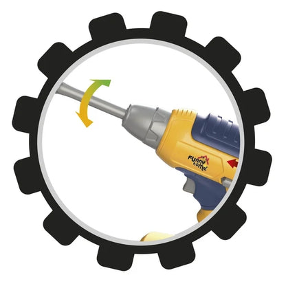Toy interactive drill with yellow and blue body, gray bit shown through gear frame