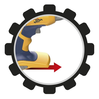 Yellow and blue toy drill with red arrow showing motion around the bit in a gear