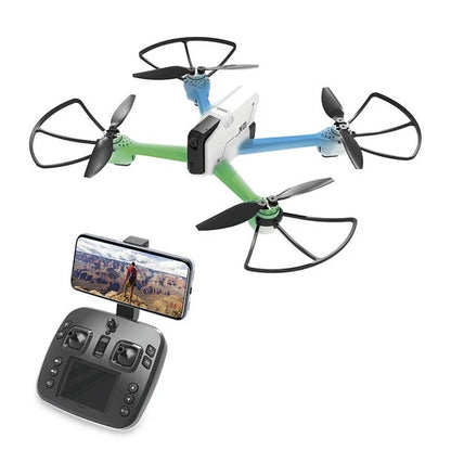 Quadcopter drone with controller and smartphone display, green and blue design