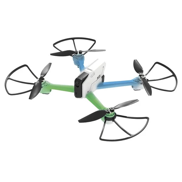 Quadcopter drone with four propellers, green and blue arms, camera body