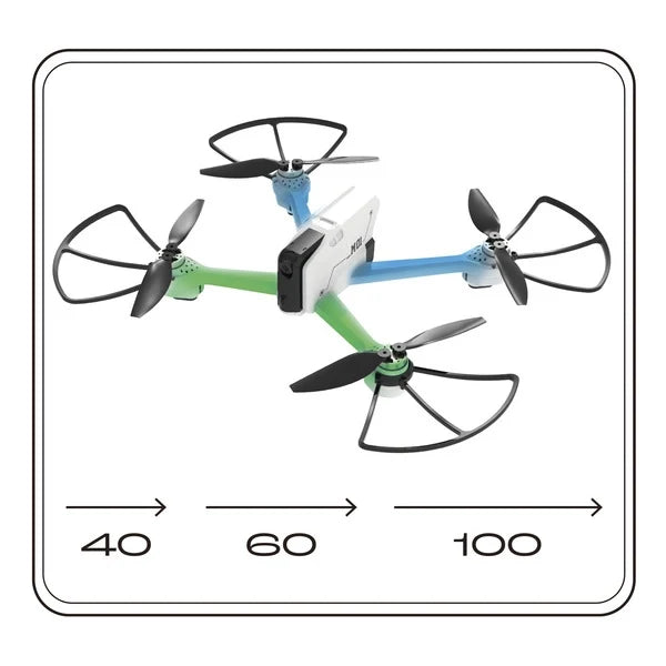 Drone on-screen controls with range values 40, 60, and 100 on display