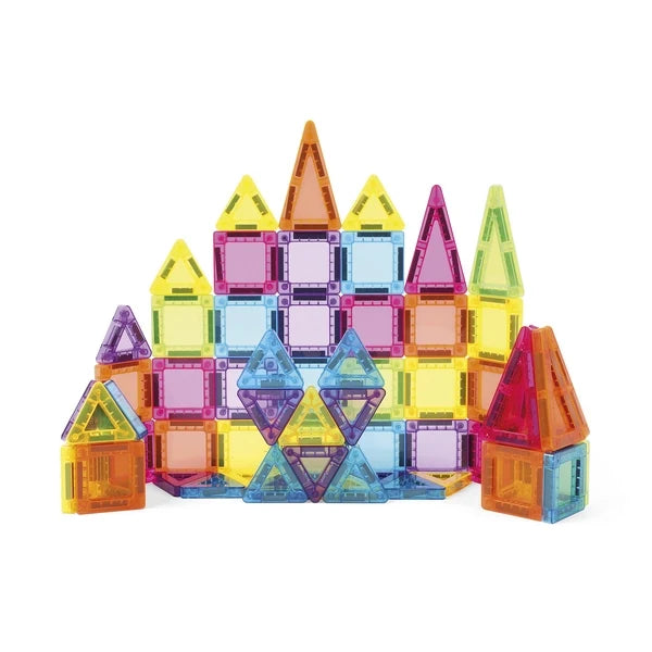 Colorful magnetic building tiles set with triangle and rectangular pieces