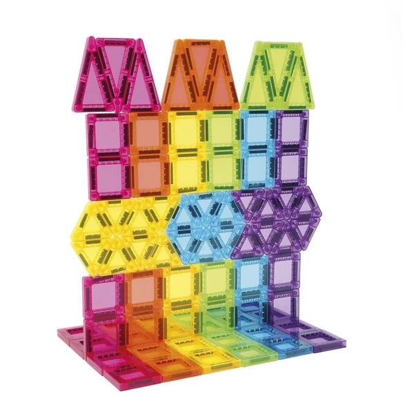 Magnetic tile play structure with stacked sections and zigzag roof triangles
