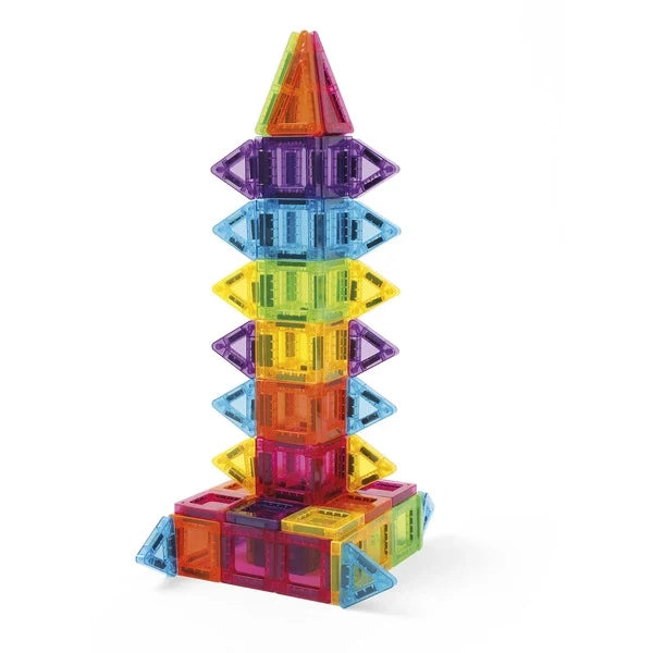 Stacked magnetic tile tower with triangular, diamond, and rectangular shapes