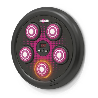 Electronic boxing target with four pink LED targets and digital display, round base