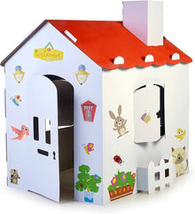 Carton House playhouse front with red scalloped roof, windows, and post slot