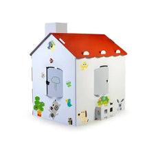 Carton House cardboard playhouse: red roof, animal decals, two door openings