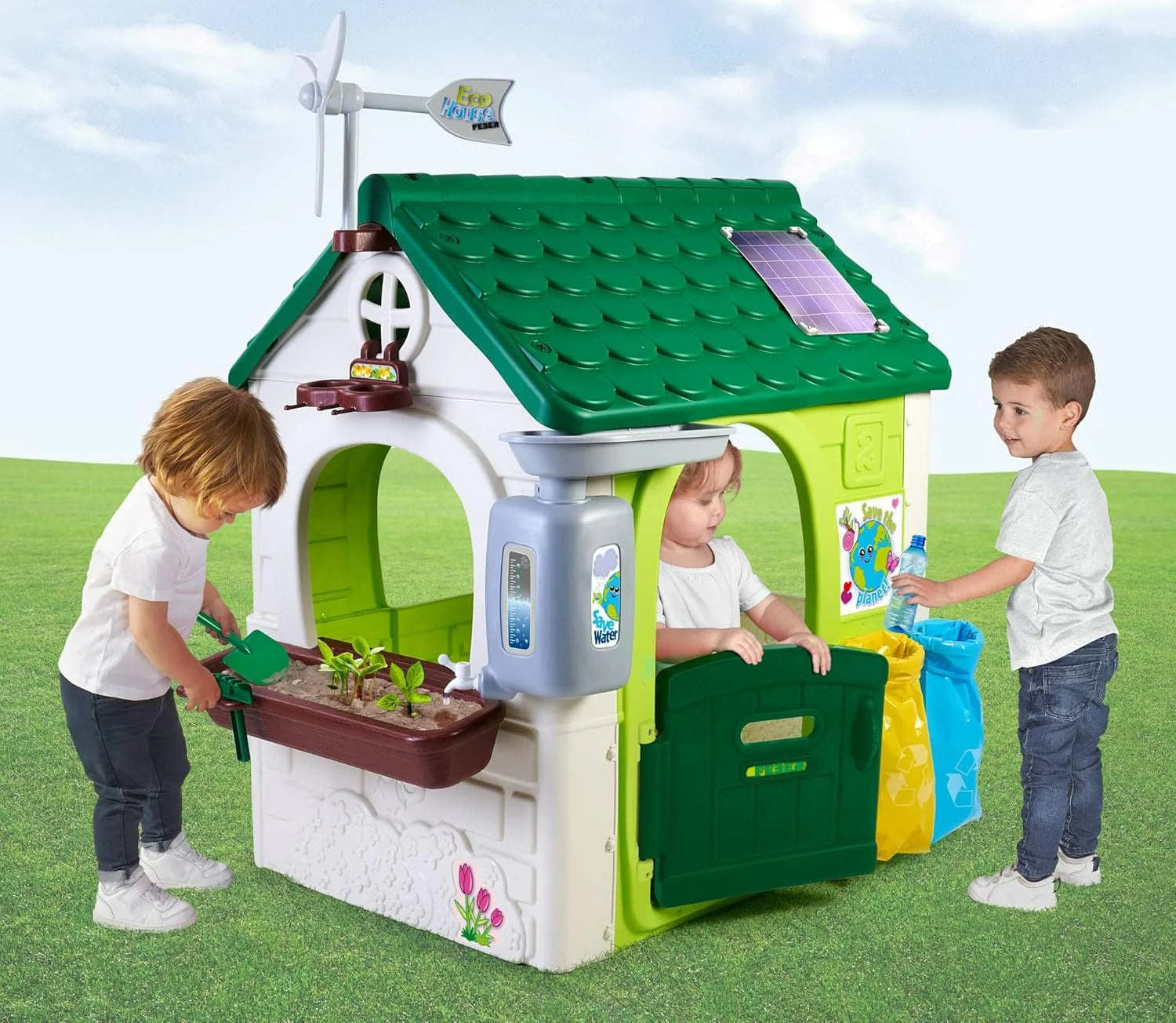 Playhouse Eco House with open green door, front garden planter and solar roof panel