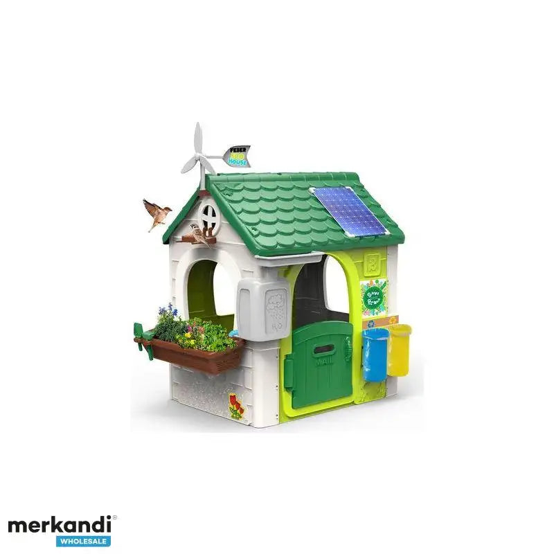 Eco House playset with green roof, solar panel and wind turbine, white and yellow shell