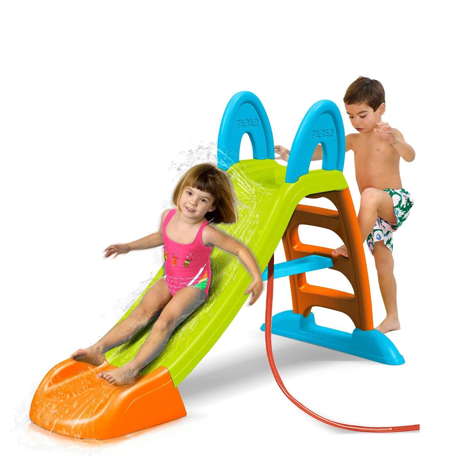 Kids playing on water slide, lime-green chute with orange base and blue stand