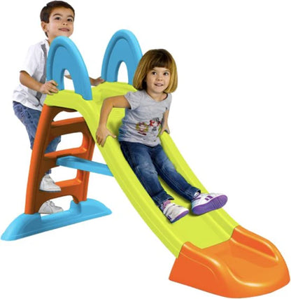 Water slide set with lime-green ramp, orange slide end, and blue step ladder