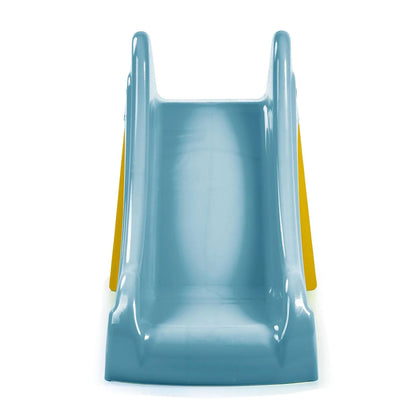 Blue plastic slide front panel with open top and yellow side supports