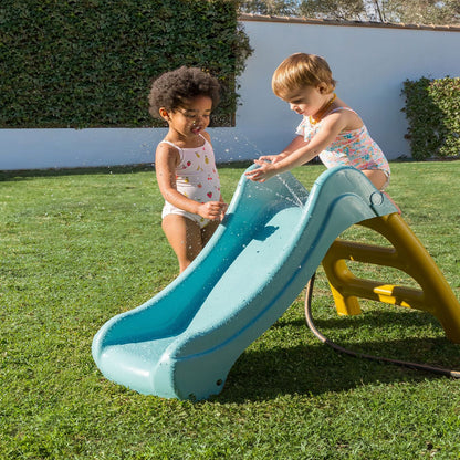Blue playground slide with yellow ladder, shown with water on the chute