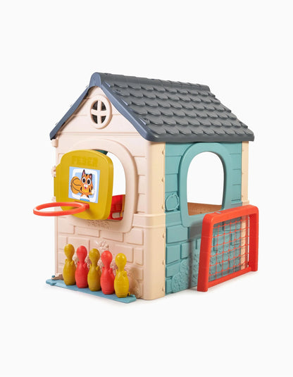 Ecological Activity House: side view with red mailbox, ring toss, and colorful pins