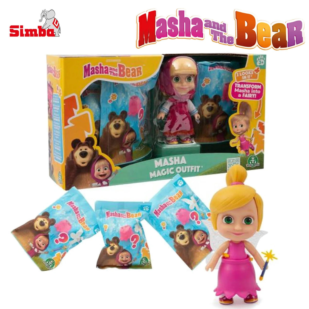 Masha and the Bear doll with packaging, pink hooded dress, blonde hair