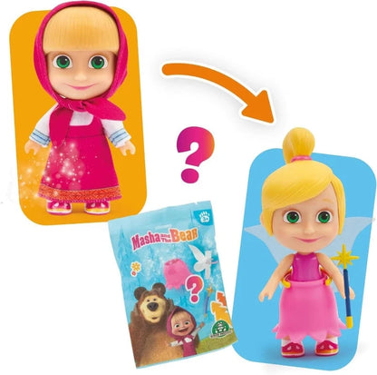 Masha and the Bear doll figure, pink hood, blonde hair, smiling face