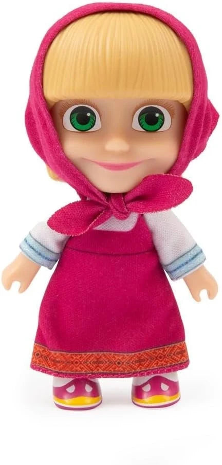 Close-up Masha and the Bear doll, pink hooded dress, green eyes, blonde hair