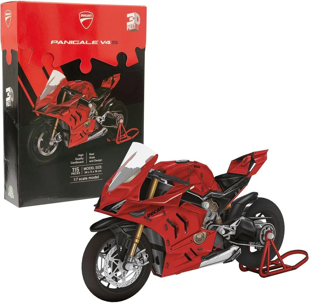 Red and black sport motorcycle model with clear windshield, in box view