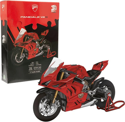 Red and black sport motorcycle model with clear windshield, in box view