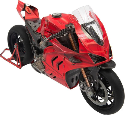 Red and black sport motorcycle model angled view with clear windshield and front stand