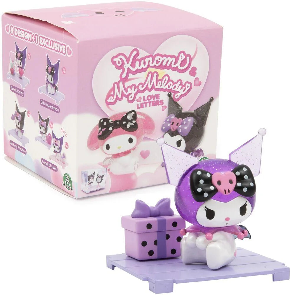 Love Story box assortment set with Kuromi figure on lavender stand, pink packaging