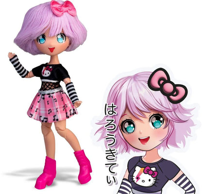 Hello Kitty fashion doll with lavender hair, pink bow, striped top, pink skirt