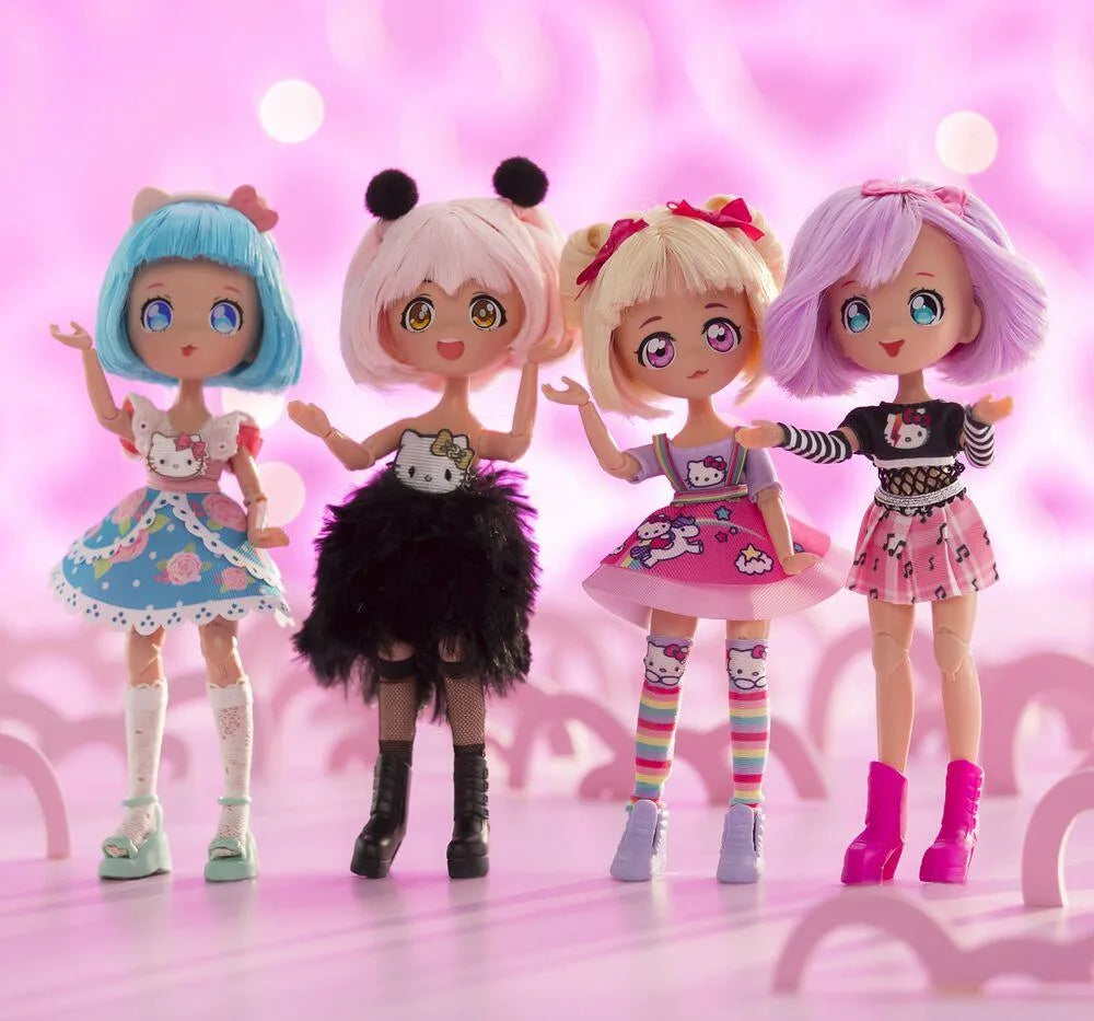 Set of four Hello Kitty fashion dolls in colorful dresses and boots