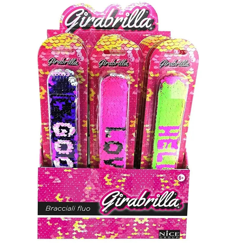 Girabrilla fluo bracelet set in retail box, neon pink, blue, green glitter bands