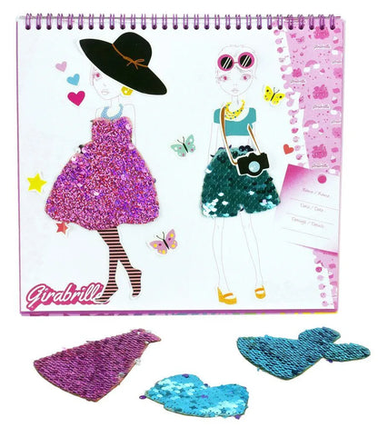 Girabrilla fashion sketch book, illustrated girl in purple dress with hat and hearts