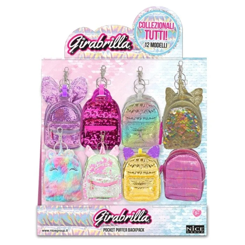Girabrilla puffer pocket backpack blister card with six sequin mini pouches