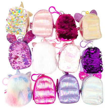 Girabrilla puffer pocket backpack set of multicolor sequin mini pouches with keyrings