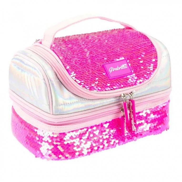 Pink sequin puffer lunch box with front flap, zipper closure, padded insulated interior