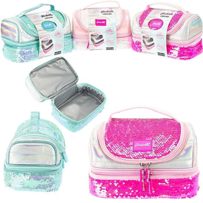 Puffer lunch box with sequin top, teal and pink styles, padded insulated interior