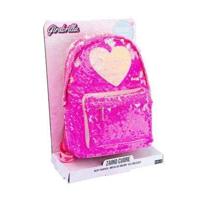 Heart-shaped pink glitter backpack with front zip pocket and heart badge