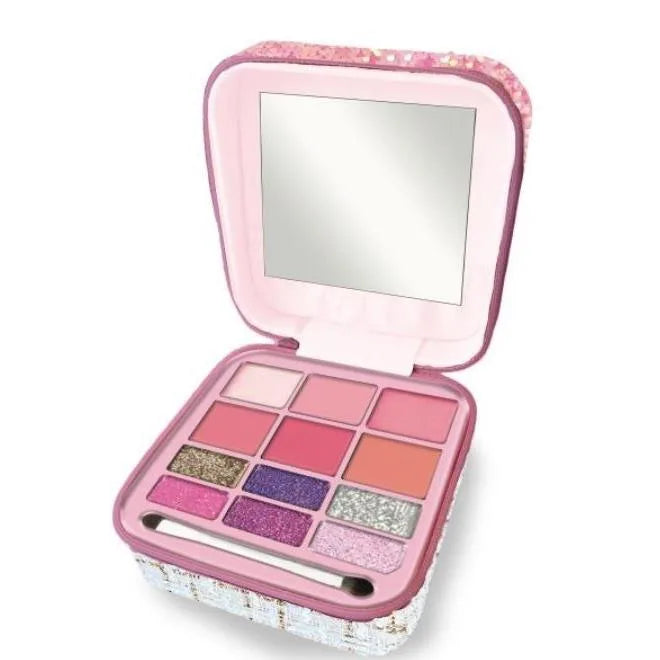 Girabrilla mini makeup case open with mirror and 9-color eyeshadow palette