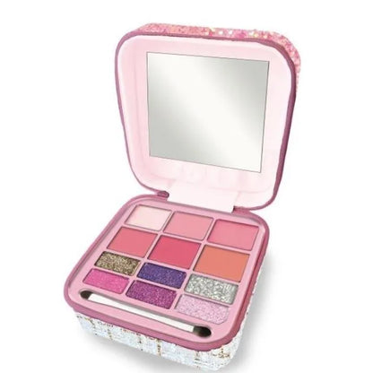 Girabrilla mini makeup case open with mirror and 9-color eyeshadow palette