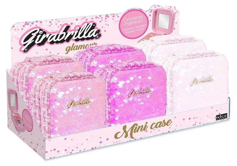 Girabrilla mini makeup case with pink glitter and open front packaging